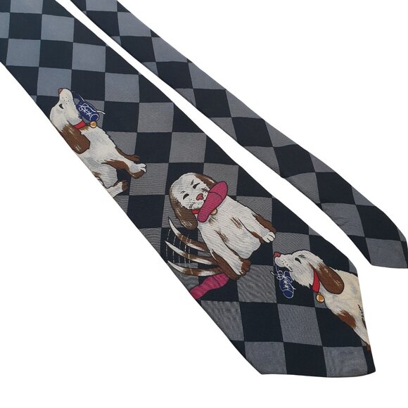 Vintage HSUS Men Necktie Playful Dog Print & Black Gray Checkered Design - Picture 2 of 5